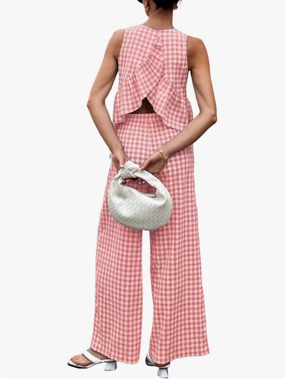 Pink Gingham Wide-Leg Jumpsuit with Ruffle Back